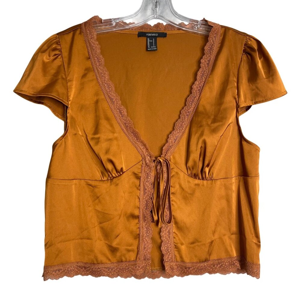 Forever21 Tie Front Top Burnt Orange Womens L Satin Lace Short Sleeve Crop